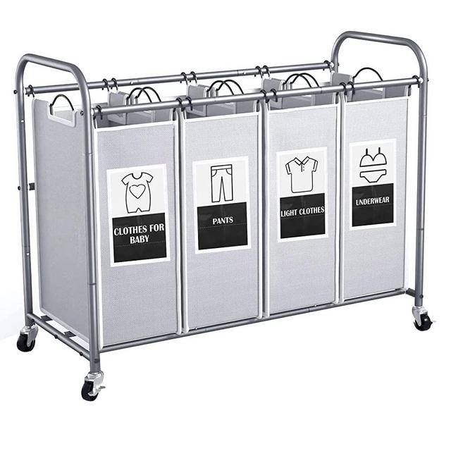 C&AHOME 4-Bag Laundry Sorter Cart, Laundry Basket Organizer Hamper, Removable Bags with 6 Sorting Cards and Heavy Duty Rolling Lockable Wheels for Clothes Storage, 39.4" L x 16.9" W x 31.5" H Grey