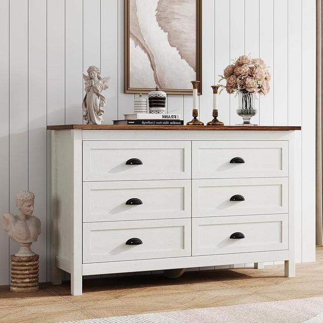 Farmhouse White Dresser for Bedroom, Modern 6 Drawer Double Dresser for Bedroom with Vintage Black Handle, Wide Wood Dressers & Chests of Drawers, 6 Drawer Dressers for Hallway, Antique White