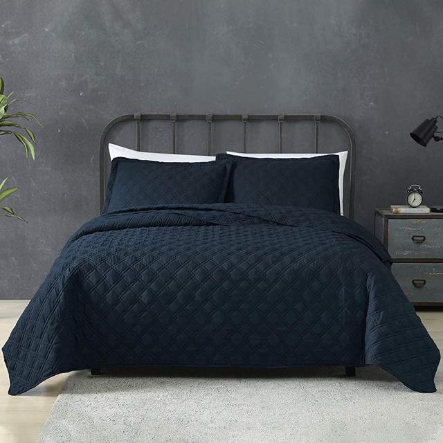 Tempcore Quilt Queen Size Navy Blue 3 Piece,Microfiber Lightweight Soft Bedspread Coverlet for All Season,Full/Queen Navy Blue Diamond,(1 Quilt,2 Shams)