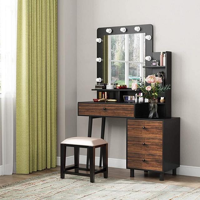 Tribesigns Vanity Table with Lighted Mirror, Vintage Makeup Dressing Table with Large Drawer and 3-Drawer Chest, Dresser Table for Women (Rustic)