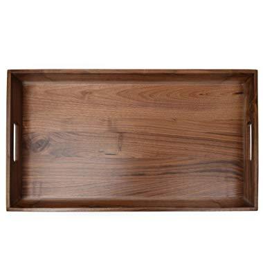 24"x13" Extra Large Wooden Tray Ottoman Tray With Handle FSC Natural Handmade Black Walnut Serving Tray Vintage Decorative Platters for Kitchen
