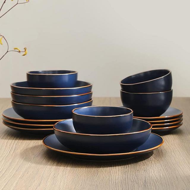 Stone + Lain Brasa Stoneware 16-Piece Round Dinnerware Set with Pasta Bowls, Blue