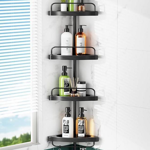 Corner Shower Caddy Tension Pole: Rust Proof 4Tier Shampoo Storage Organizer for Inside Shower - Telescoping Rod Shower Rack for Bathroom and Bathtub - Restroom Floor Standing Bath Rack Holder Black