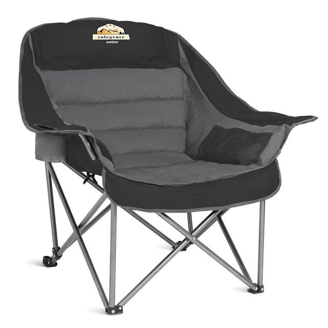 Oversized XL Padded Camping Chair Wide Heavy Duty Lawn Chairs Support 400 LBS Portable Folding Gaint Camp Chair with Side Pocket Cup Holder for Outdoor Outside Sports Baseball Soccer-Black and Grey