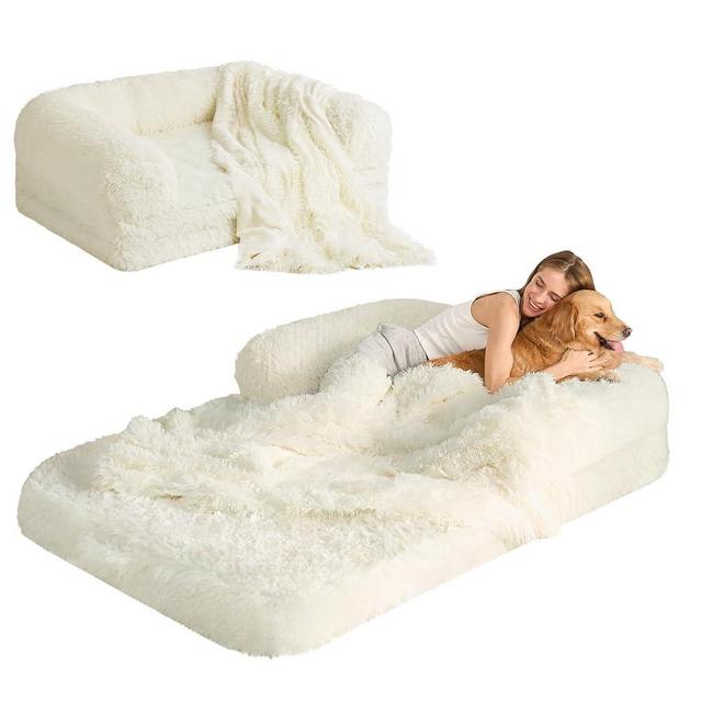 EHEYCIGA Foldable Human Dog Bed for Adult, Orthopedic Memory Foam Dog Bed for Humans, Waterproof Human Dog Bed for People, Faux Fur Human Sized Dog Bed, Beige, 72"x44"x11"