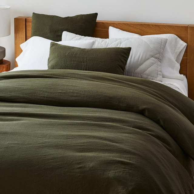 European Flax Linen Duvet, Full/Queen, Dark Olive