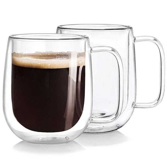 Double Wall Glass Coffee Mugs Tea Cups Set of 2, Thermal Insulated and No Condensation with Wide Handle, 12OZ (360ML)