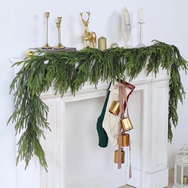 9FT Real Touch Norfolk Pine Garland - Artificial Christmas Garland Green Long Faux Pine Garland for Holiday Window Fireplace Mantle Indoor Outdoor Decor