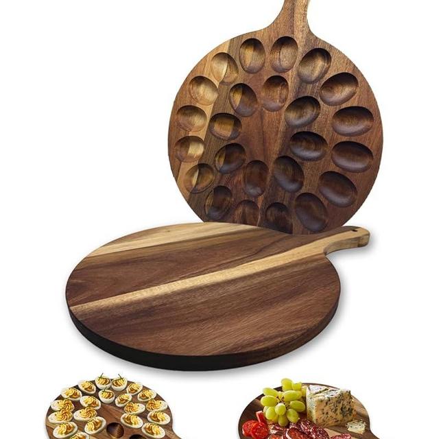 Elysraki Reversible Deviled Egg Tray for 24 Eggs, Handcrafted from Acacia Wood, Deviled Egg Platter Double Sided for Serving Tray Charcuterie Board and Cutting Board