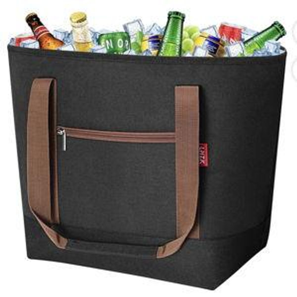 Color Black/ Brown -LHZK Jumbo Insulated Cooler Bag with Zipper, Collapsible Leak Proof Insulated Bag with Handles is Perfect for Grocery, Food Delivery, Beach, Picnic, Travel (50L, Black)
