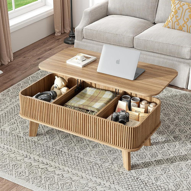 LCVTND Fluted Lift Top Coffee Table with Storage, Modern Wood Coffee Table Retro Center Table with Hidden Lifting Table Top Compartment for Living Room, Home, Office, Natural