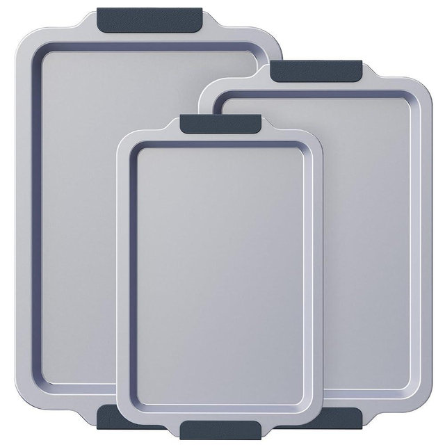 BRONYPRO Non Stick Ceramic Baking Sheet Pan Set of 3, Non Toxic Cookie Sheets (PFOA/PTFE Free), Aluminized Steel Oven Trays with Silicone Handles, Rust-Resistant, Warp-Resistant to 500°F, Blue Gray