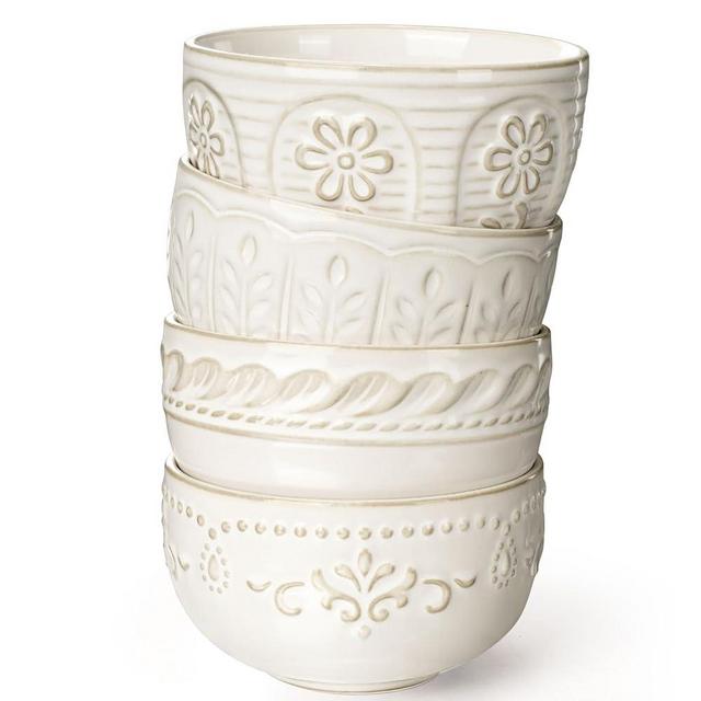 Artena Small Bowls Set of 4, 12 oz Ceramic Embossment Dessert Bowls, white Bowl for Kitchen, Ice Cream, Side Dishes, Rice, Cereal, Fruit, 4.5 Inch, Microwave & Dishwasher Safe, Multiple Patterns