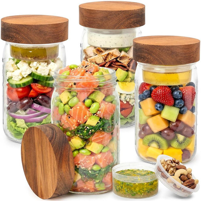 EDELHAUS 4 Pack Glass Salad Jars Pod with Wooden Lids for Meal Prep, Leakproof Container with Two Small Built in Cups for Wet/Dry Separation for Salad Dressing and Ingredients, 32oz Mason Jars