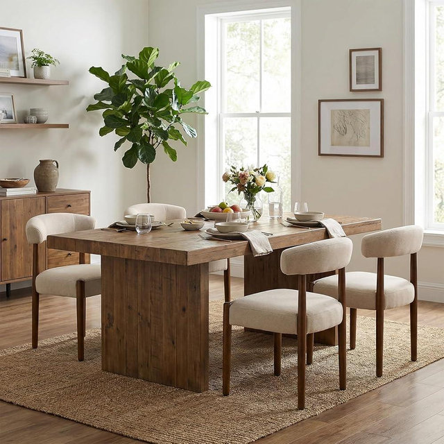 VKNOW Wooden Dining Chairs Set of 4, Modern Upholstered Dining Room Chairs with Walnut Wood Legs and Curved Backrest, Fabric Kitchen Chairs for Farmhouse/Living Room/Dining Room, Beige