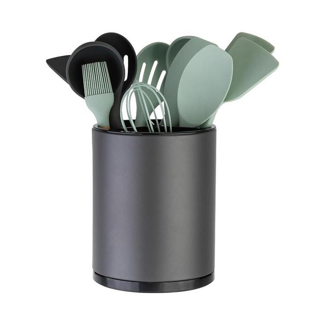 LIBODOUR Kitchen Utensil Holder Extra Large 360° Rotating For Countertop Organizer Stainless Steel Storage Cooking Silverware Caddy Flatware 3 Compartment Flatware Spoon Spatula Lazy Susan （Grey）