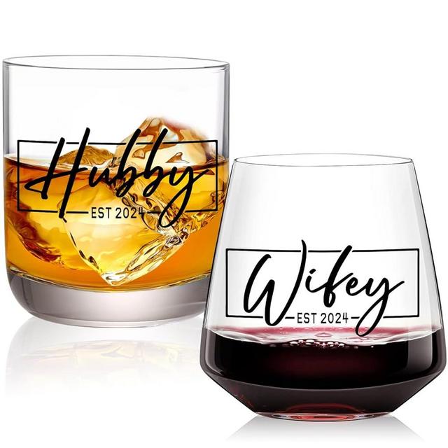 Hubby & Wifey EST 2024 Wine&Whiskey Glass Set,Engagement Gift for Couples， Unique Wedding Gift for Engagement Wedding Newly-Married Anniversary, Anniversary Present for Him Her Mother Father