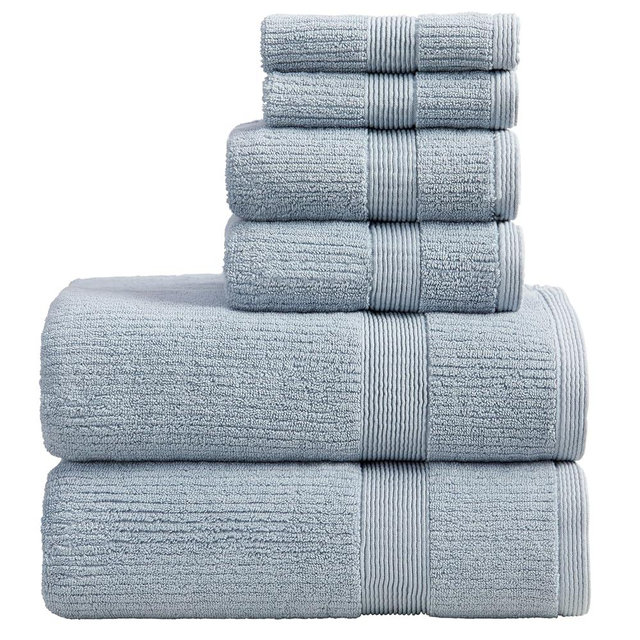 Springtree Home Blue Bath Towels Set of 6 | Ribbed Textured | 100% Combed Cotton | Absorbent Quick-Dry Towels for Bathroom | Oeko-TEX® Standard 100 Cotton | Mauro Collection - Blue Fog