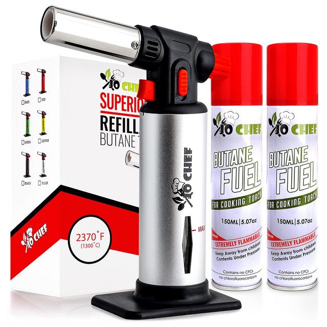 Kitchen Torch With Butane included - Refillable Butane Torch With Safety Lock Adjustable Flame + Fuel gauge - Culinary Torch, Creme Brûlée Torch for Cooking Food, Baking, BBQ, 2 Cans Included