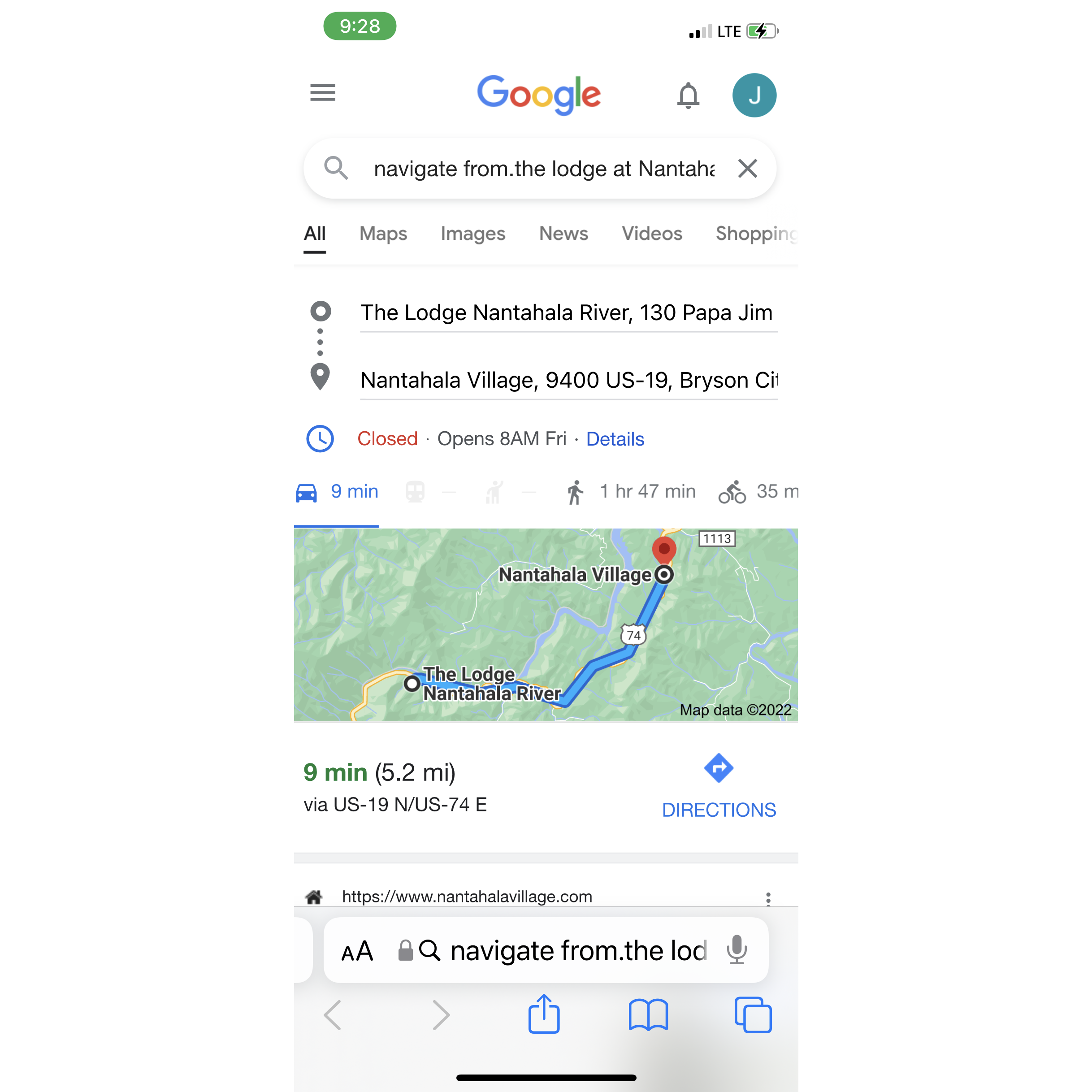 A short 5.2 mile scenic drive from the wedding venue at the Nantahala Village Resort to the Lodge at Nantahala River!