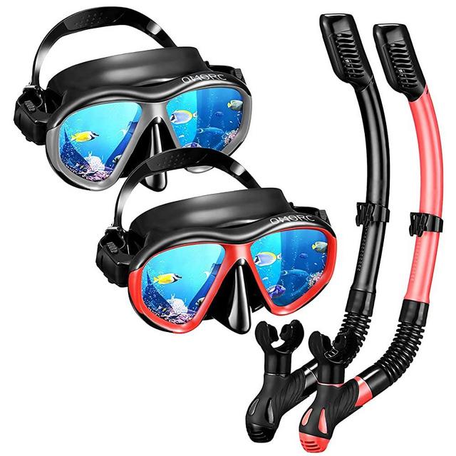 OMORC Adult Snorkel Set, Anti Leak Mask and Snorkel Sets for Adult, Fog-Resistant Panoramic Tempered Glass Diving Mask, Free Breathing Scuba Mask and Snorkel Gear with Carrying Bag for Scuba Diving