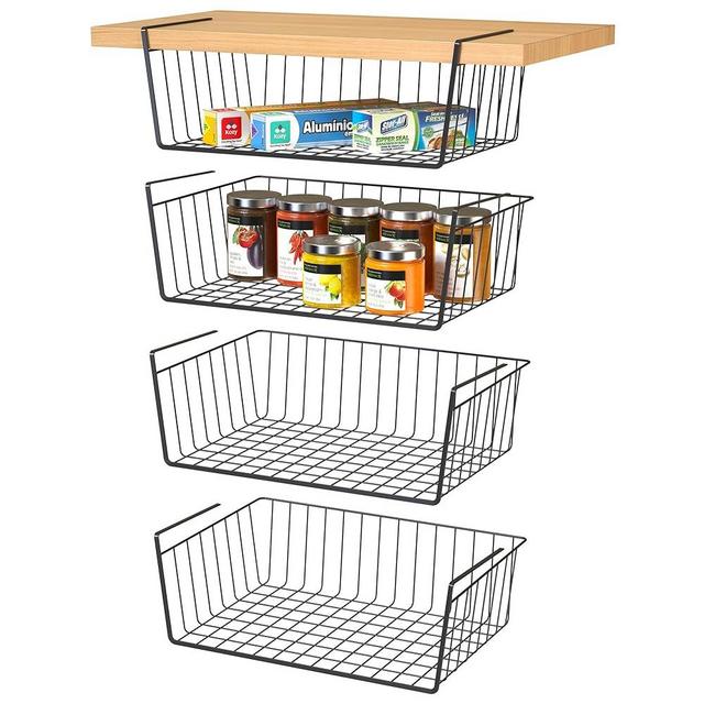 Bellsal Under Shelf Basket, 4 Pack Metal Hanging Wire Shelf Under Shelf Storage, Slides Under Cabinet Shelf, Space Saving for Kitchen Pantry Office Bathroom Bookshelf Under Shelf Organizer, Black