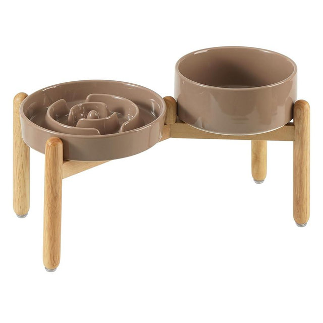 Havniva Ceramic Raised Slow Feeder Dog Bowl Set, Elevated 7.3inch Bowl and 8.2inch Puzzle Slow Dish with Wooden Stand for Medium and Large Dog, Anti-Gulping (2X Brown Coffee+ Stand)