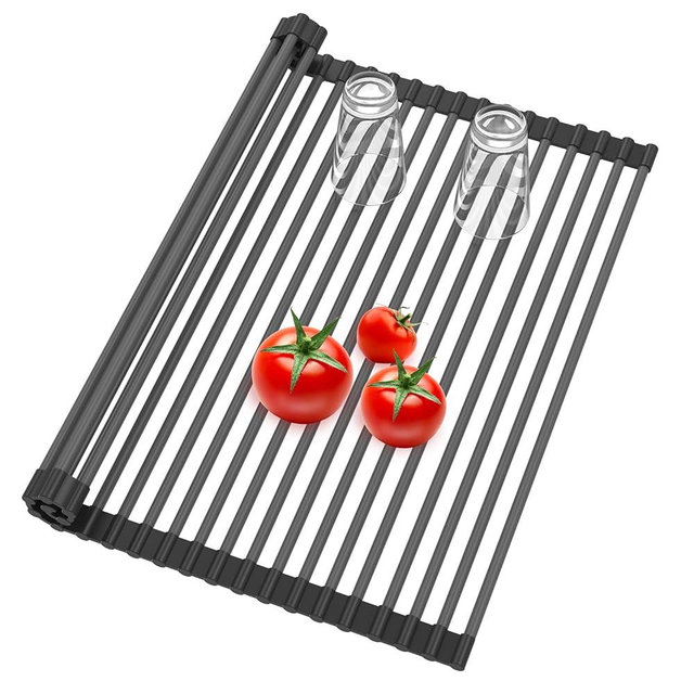 Roll Up Dish Drying Rack, Silicone Wrapped Over The Sink Multipurpose Foldable Dish Drainer Anti-Slip Coated Stainless Steel Dish Racks for Kitchen Counter, Sink Drying Rack (Black, 17.3" x 17.3")