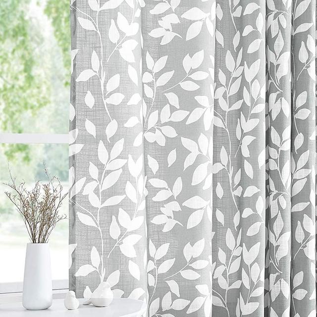 Treatmentex White and Grey Curtains for Bedroom 84" Length Semi-Sheer Print Leaf Curtains for Living Room Windows, Grommet Top, 2 Pack