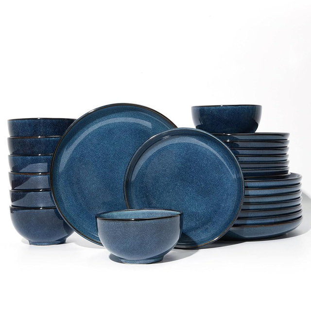 Pokini 24 Piece Dinnerware Sets for 8, Modern Stoneware Plates and Bowls Setst, Perfect for Family Gatherings & Holiday Celebrations, Easy Cleaning Dishes Set, Stack Compactly Dishware, Starry Blue