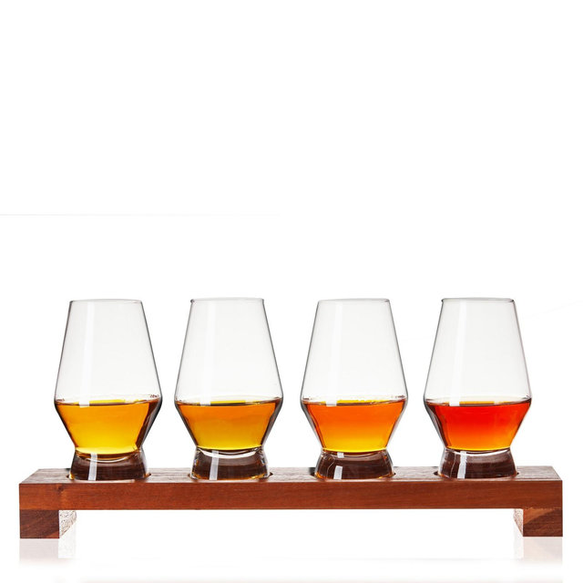 Viski Spirit Tasting Flight Kit, Lead-Free Crystal Liquor Glasses with Wooden Serving Tray for Whiskey, Brandy, Set of 4 8 oz. Scotch Tumblers, Clear