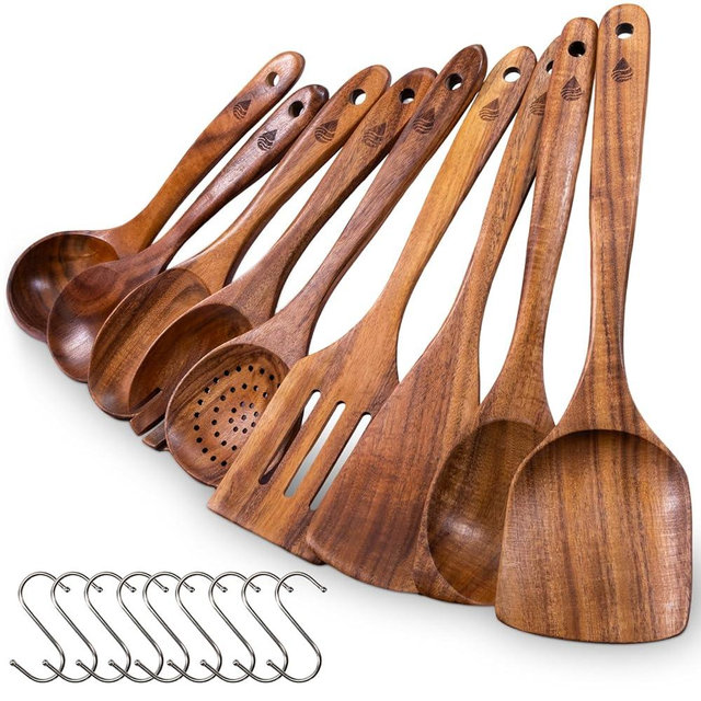 Vorisebo 9 Piece Wooden Spoons for Cooking, Natural Teak Wooden Utensils Set, Handmade Wood Kitchen Utensil Set with Hooks, Durable Nonstick, Comfort Grip, Heat Resistant Wood Cookware Tool