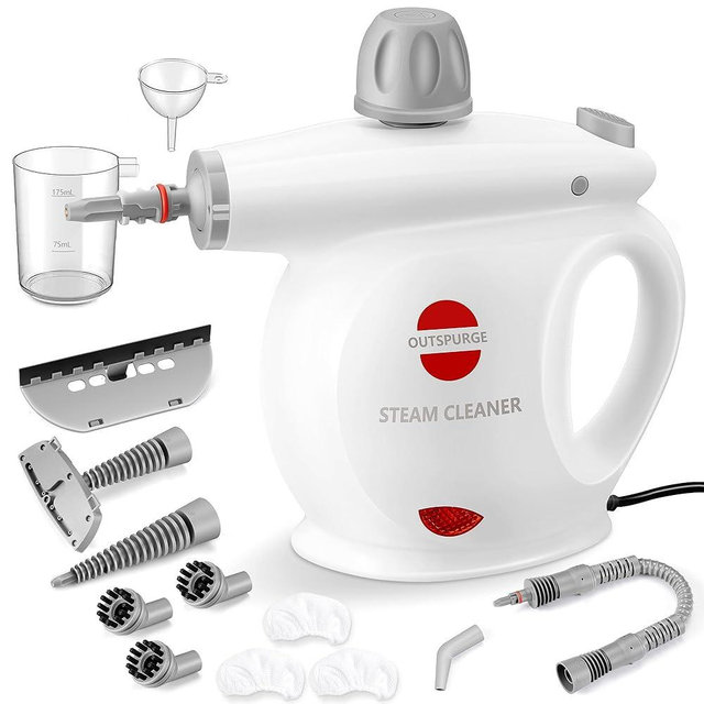 Outspurge Handheld Steam Cleaner, Pressurized Multi-Surface Steam Shot with 13 Accessories, Safety Lock, Steamer for Cleaning Floor, Upholstery, Grout, Windows, Couch and Car, White