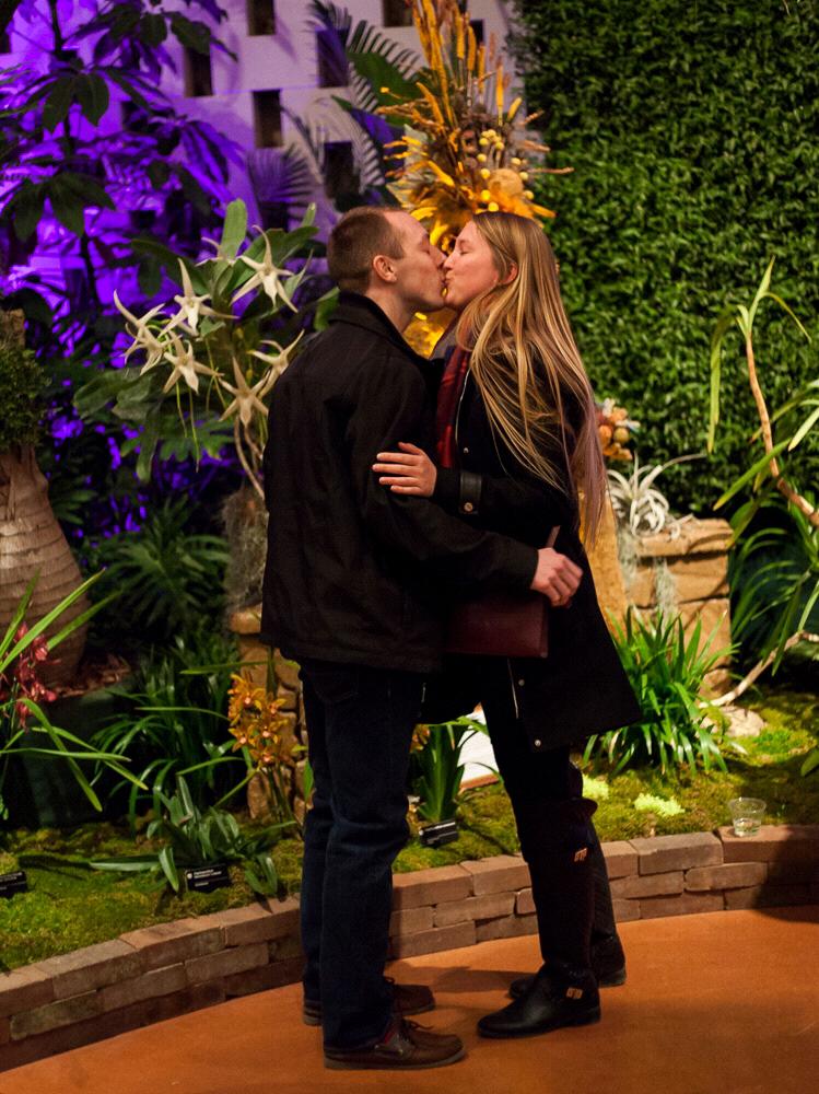 He had been talking about the "Ghost Orchid" earlier in the day and when I found it at the Orchid Show (white flowers behind him) he knew thats where he was proposing.