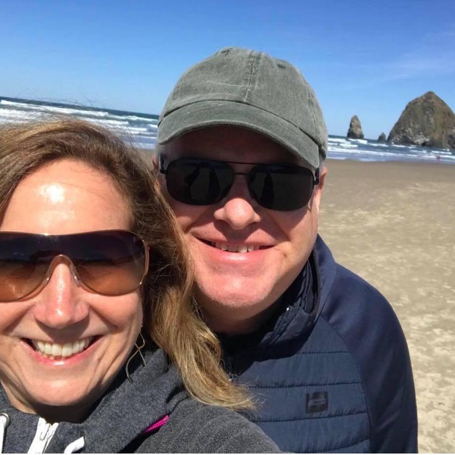 April 2019 on the Oregon coast, Haystack Rock in the background.