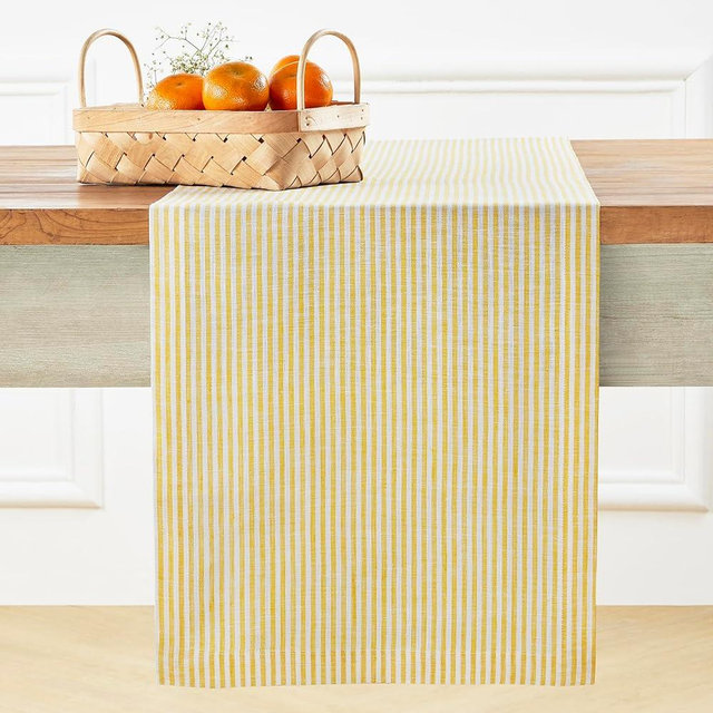 Solino Home Linen Table Runner 48 Inches - Narrow Stripe 100% Pure Linen Spicy Mustard and White Farmhouse Table Runner 14 x 48 Inch Ideal for Dresser and Coffee Tables