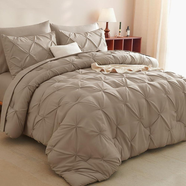 CozyLux King Size Comforter Set - 7 Pieces Bed in a Bag Khaki, Pintuck Comforters Pinch Pleat Bedding Sets with All Season Comforter, Flat Sheet, Fitted Sheet and Pillowcases & Shams