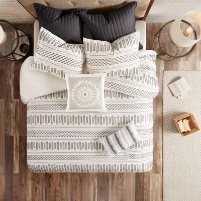 3pc King/California Rhea Cotton Duvet Cover Mini Set Ivory/Charcoal