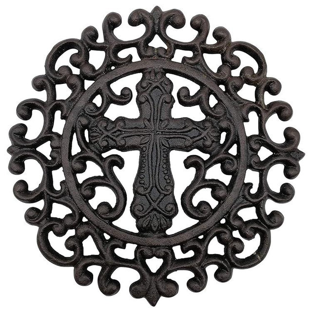 Comfy Hour 9" Round Cross Decorative Cast Iron Trivet, Religious Hot Pot Holder for Kitchen, Vintage Style Teapot Stand & Hot Pad, Heavy Duty Rustic Table Protector for Hot Dishes, Black, 1 Piece
