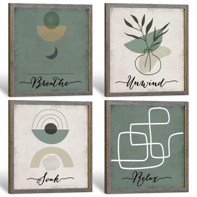 Chenkaiyang 4 Pcs 5.9x5.9inch Boho Bathroom Wall Arts Wooden Sign Decor,Relax Soak Unwind Breathe Abstract Rustic Minimalist Wooden Wall Painting Plaque for Bathroom Accessories Wall Decor