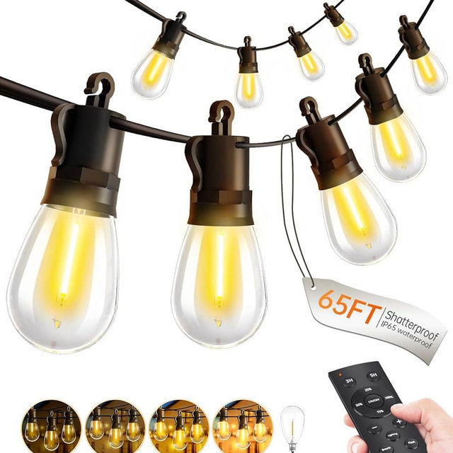 TBOSW Outdoor String Lights Patio LED Light Outside - 20M 18+1 S14 LED with Remote Control 65ft Porch Lighting IP65 Waterproof