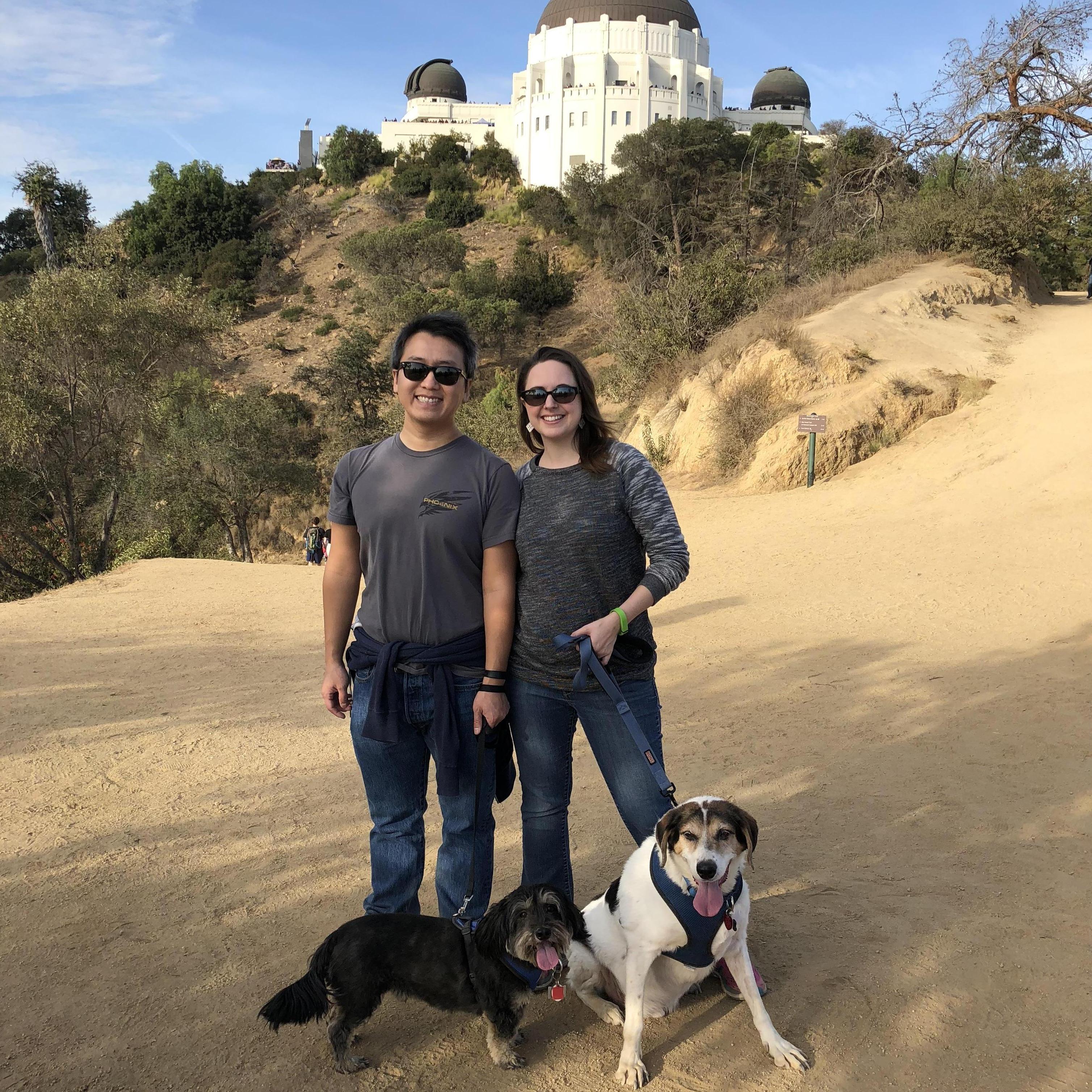 Hiking up to Griffith Observatory with our dogs, Huckleberry and Mana. We had our first date here with a picnic under the stars.