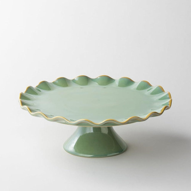 YHOJOY Cake Stand Ceramic, Small Cake Stand for 8 Inch Cake, Vintage Dessert Stand with Ruffle Trim for Mother's Day, Decorative Pedestal Cake Plate Cupcake Stand for Tea Party, Teal