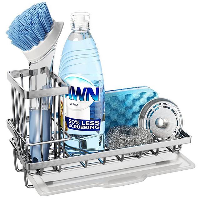 Sink Caddy, Consumest Kitchen Sponge Holder + Dish Brush Holder for Kitchen Sink, Sink Organizer with Drip Tray for Countertop, Stainless Steel Rustproof - Silver