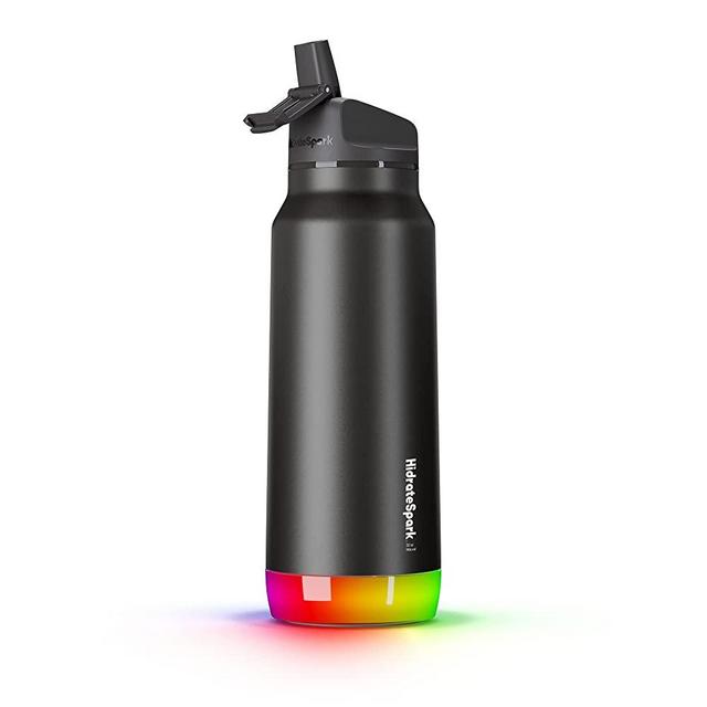 HidrateSpark PRO Smart Water Bottle Stainless Steel - Tracks Water Intake & Glows to Remind You to Stay Hydrated , Straw Lid, 32oz, Black