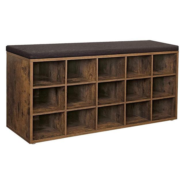 VASAGLE Shoe Bench with Cushion, 15-Cube Storage Bench, Holds up to 440 lb, Rustic Brown ULHS15BX