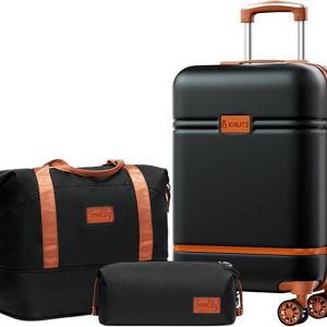 Krute Carry On Luggage Sets 3 Pieces Suitcase Set Hard Shell PC+ABS Airline Approved Suitcases with Spinner Wheels TSA Approved 20 Inch Luggage (BlackBrown)