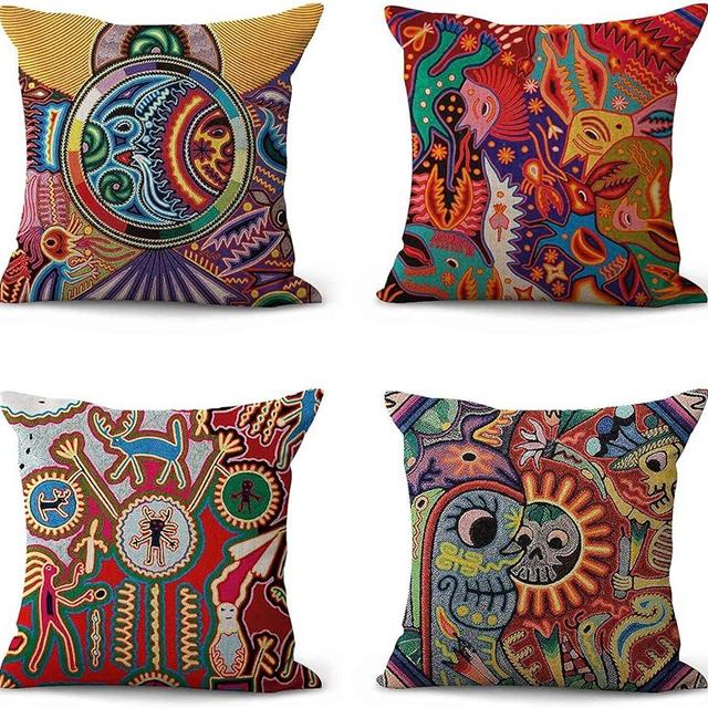 ArtSocket Set of 4 Linen Throw Pillow Covers Mexican Huichol Decorative Pillow Cases Home Decor Square 20x20 inches Pillowcases