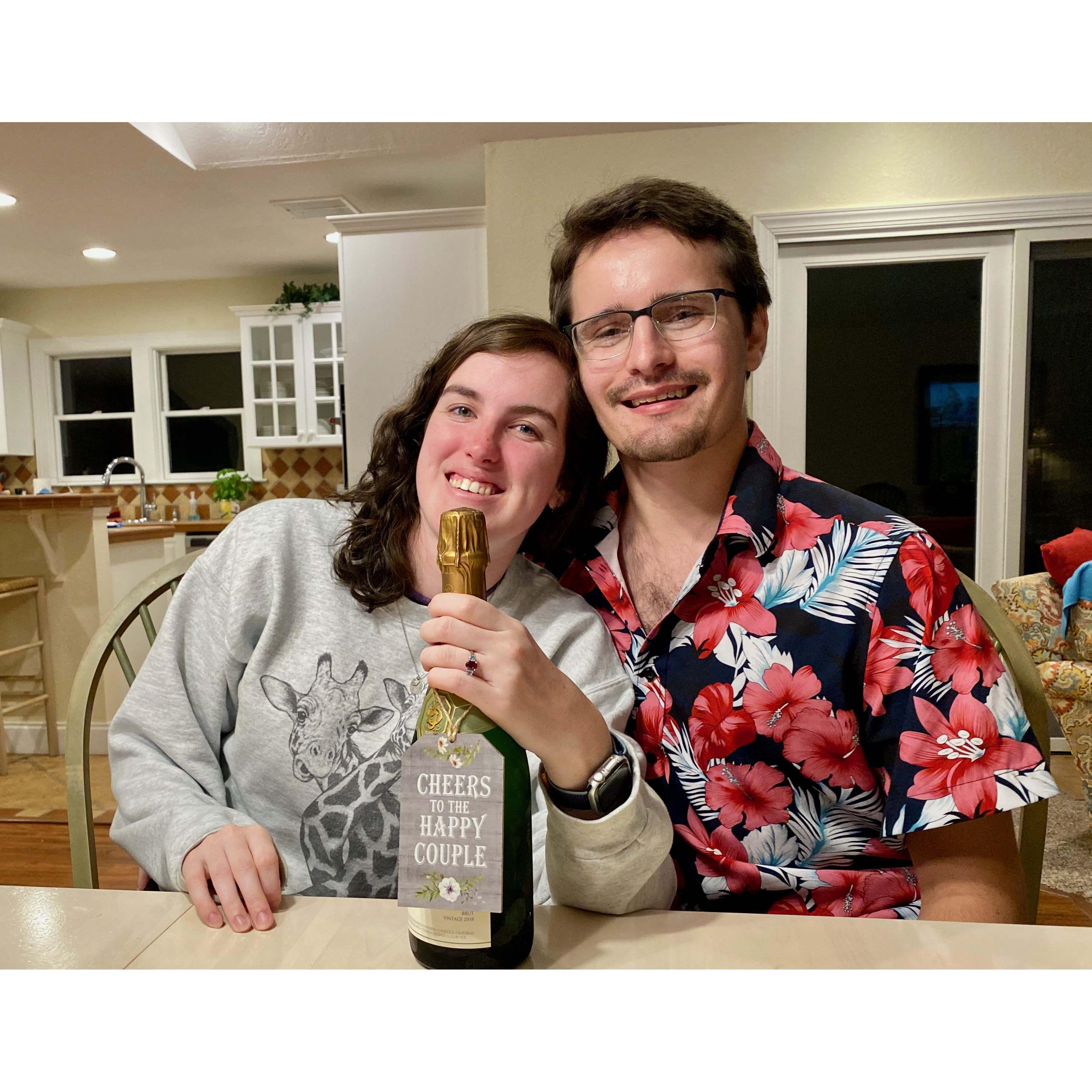 Our first bottle of champagne to celebrate our engagement! Thank you Uncle Paul and Aunt Suzie!