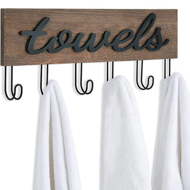 Mkono Towel Holder Wall Mounted Towel Rack Bathroom Decor Rustic Wood Towel Hooks to Hang Towels Bathrobe Robe Coat Clothing, Bath Towel Hanger Storage Home Decor Organizer, Medium